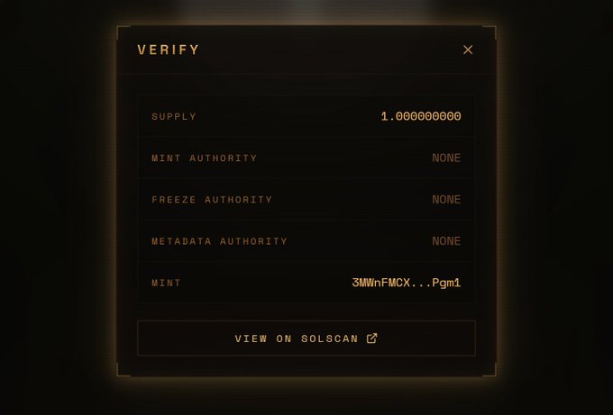 The image shows a "VERIFY" panel displaying token details with a supply of 1.000000000, mint authority set to "NONE," freeze authority set to "NONE," and metadata authority set to "NONE." These settings confirm the post's claim that $ONECOIN has had all minting, freezing, and metadata update authorities permanently revoked, with the mint address "3MWnFMCX...Pgm1" visible for transparency via the Solscan link.