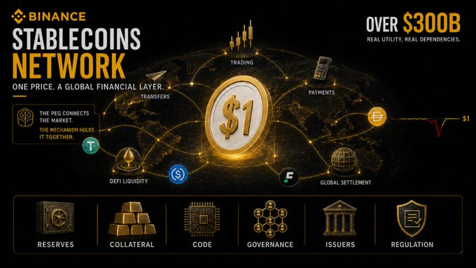 A Binance promotional banner for 'STABLECOINS NETWORK' highlighting 'OVER $300B' in real utility, featuring a central $1 coin with connections to Trading, Payments, Transfers, DeFi Liquidity, and Global Settlement.