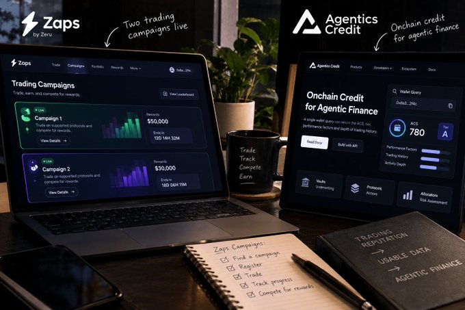 Promotional image showing two laptop screens displaying the "Zaps by Zeru" trading campaigns dashboard and the "Agentics Credit" onchain credit platform for agentic finance, with a notebook checklist, phone, and mug on the desk.