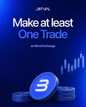 A Bitval Exchange promotional graphic featuring a blue background with the message "Make at least One Trade on Bitval Exchange," accompanied by stacks of branded Bitval coins and a candlestick chart, promoting user engagement with the platform highlighted in the post.