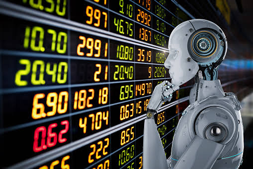 A humanoid robot contemplates rows of glowing stock ticker numbers including figures like "1070," "2991," "2040," and "062," symbolizing an AI agent analyzing financial markets to enable autonomous trading and instant settlement as described.