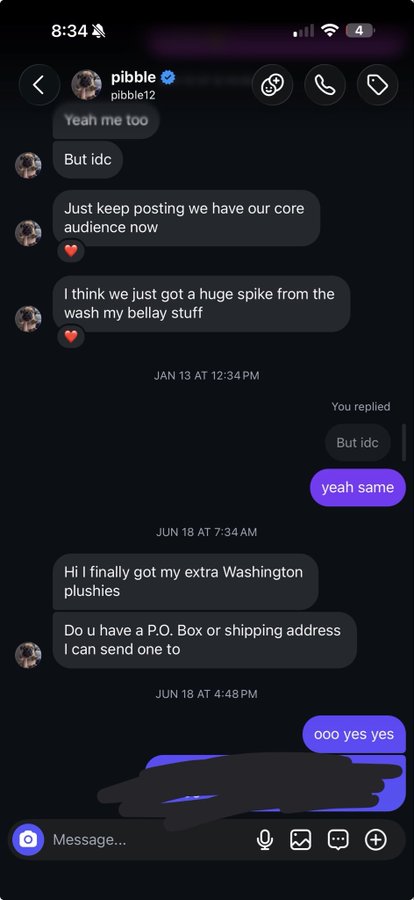 A DM conversation with user 'pibble' discussing audience growth and offering to send extra Washington plushes, with replies "yeah same" and "ooo yes yes".