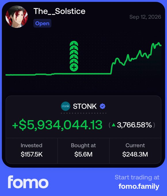 A trading app screenshot shows a user 'The_Solstice' with massive gains on 'stonk' ($STONK): +$5,934,044.13 (▲3,766.58%), invested $157.5K, bought at $5.6M, current $248.3M; 'fomo - Start trading at fomo.family' appears at the bottom.