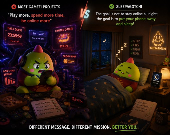 The image features two cartoon characters, a green alien and a green frog, sitting in bed with their phones out. The green alien character appears to be playing a game or using an app while the green frog character seems to be sleeping. This scene highlights the contrast between the characters' activities and serves as a reminder of the importance of disconnecting from technology and focusing on restful sleep.