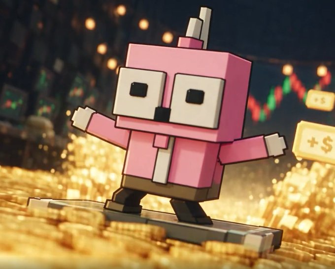 A 3D-rendered pink voxel-style character with wide eyes standing on gold coins, with a financial chart and dollar signs glowing in the background.