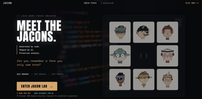 The image shows the "JACON" NFT project website featuring a "MEET THE JACONS" section with a 3x3 grid of quirky, hand-drawn cartoon character faces with pointed ears, hats, and accessories, alongside text explaining they are "Generated by code, Shaped by AI, Preserved onchain" with gameplay rules: "observe → rebuild → confit."