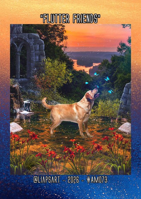 A poster titled 'FLUTTER FRIENDS' by @LIAPSART (2026, #AM079) showing a yellow dog standing in water and howling at glowing blue butterflies near a stone archway.