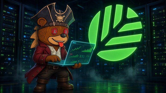 A cartoon bear pirate with glowing red X eyes and a protruding tongue works on a holographic laptop displaying charts and analytics, standing in a dark server room beside a large glowing green Canopy logo. The image humorously visualizes the post's message about how Canopy Network simplifies validator setup by replacing the chaotic "cobbled together" monitoring tools with a streamlined, ready-to-ship mainnet solution.