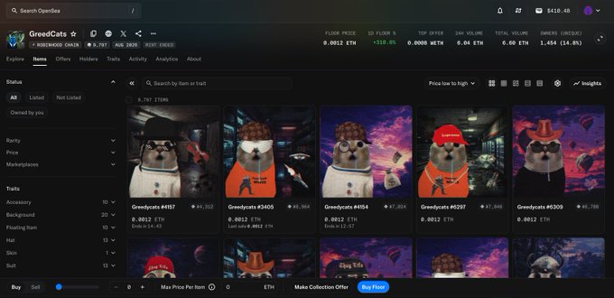 A screenshot of the GreedCats NFT OpenSea collection page showing 6,797 items at a 0.0512 ETH floor price and 0.08 ETH 24-hour volume, with the post suggesting that crypto perpetual trading apps like @liquidtrading could adopt similar verification-based approaches to filter out fake influencers who don't prove their real trading positions.