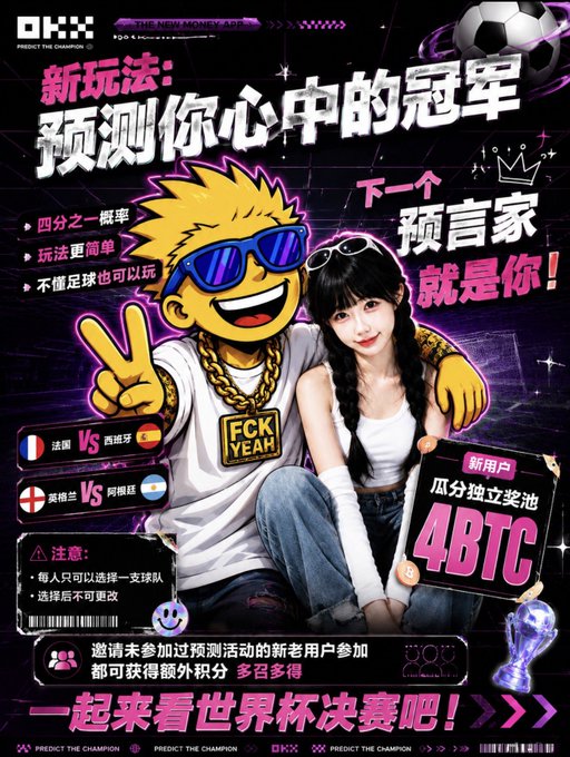 A promotional graphic for a World Cup prediction game on OKX, featuring a cartoon mascot and a woman, with text in Chinese including '预测你心中的冠军' (predict the champion in your heart) and a prize of '4BTC'.