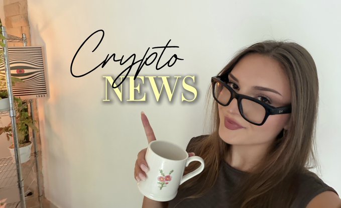 A woman with glasses holding a floral mug, with stylized text overlay reading 'Crypto NEWS' in black and yellow lettering.