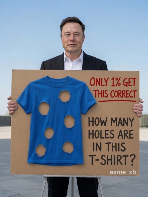 Elon Musk holds a sign reading "ONLY 1% GET THIS CORRECT - HOW MANY HOLES ARE IN THIS T-SHIRT?" beside a blue t-shirt displaying what appears to be 8 visible holes, though the post claims most people answer 19. The caption teases that no one has correctly solved the puzzle, with a $6000 prize ending in 24 hours.