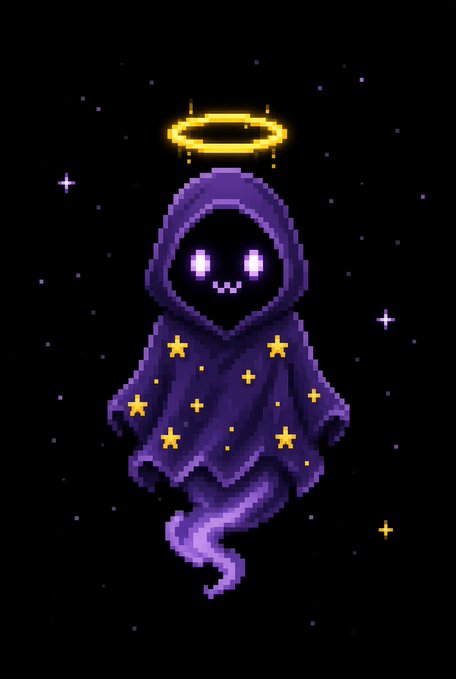 A pixel art illustration of a small purple ghost wearing a hooded cloak with yellow stars, featuring glowing eyes, a halo, and a wispy tail against a starry black background.