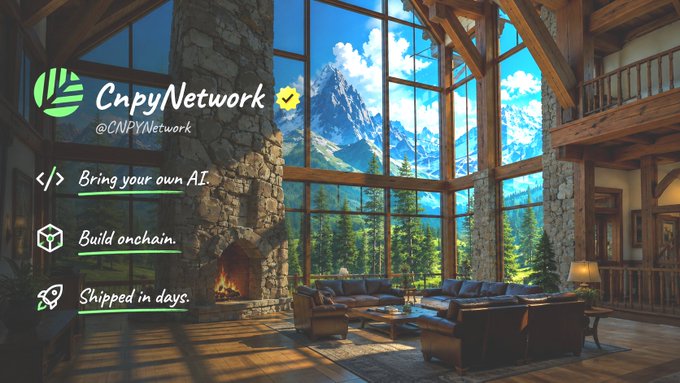 A promotional image for @CNPYNetwork featuring a luxurious mountain cabin interior with large windows, listing features: 'Bring your own AI,' 'Build onchain,' and 'Shipped in days.'