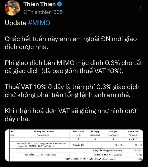 A screenshot of a tweet from Thien Thien (@Thienthien1305) updating users about '#MIMO' transaction fees (0.3% including 10% VAT) and including an invoice image.