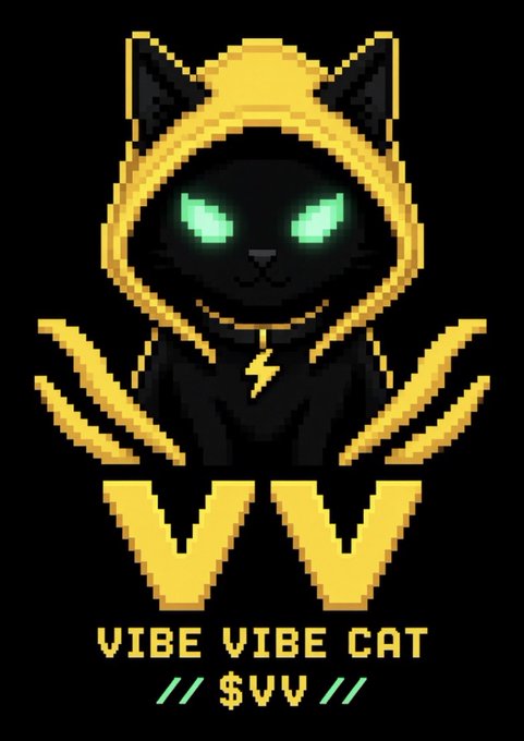 A pixel art graphic of a black cat wearing a yellow hoodie with glowing green eyes, accompanied by the text "VIBE VIBE CAT" and "// $VVV //".