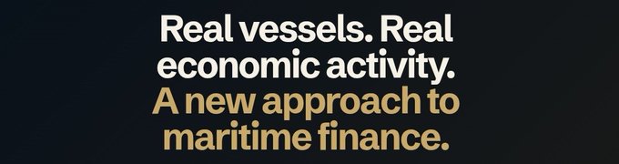 A dark navy banner displays white text reading "Real vessels. Real economic activity." followed by gold text stating "A new approach to maritime finance," highlighting Ethra Ship's positioning as an RWA project tied to tangible shipping industry activity.
