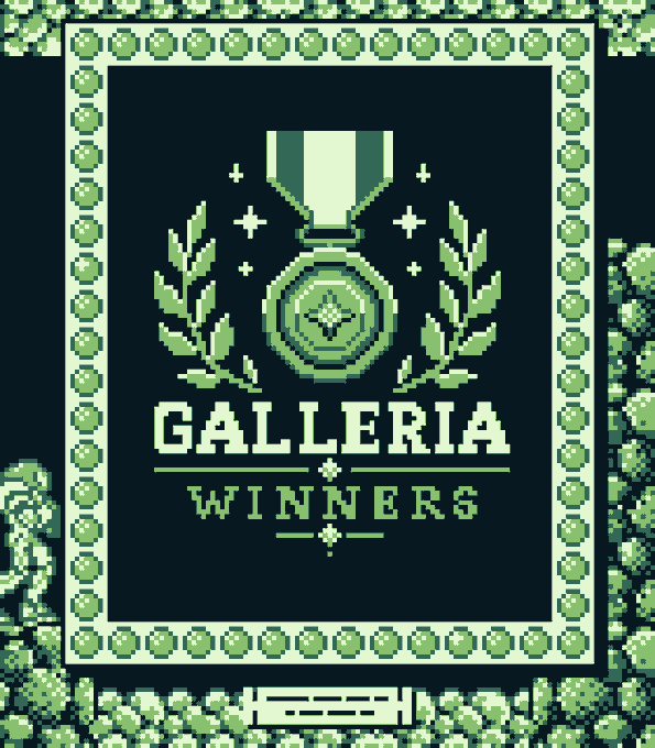 A pixel-art style badge featuring a green and gold medal with laurel wreaths, framed by decorative borders, displays the text "GALLERIA WINNERS." The image serves as a winners' award graphic, celebrating those who played "The Galleria" NFT collection on OpenSea before the 3PM PDT cutoff, as mentioned in the post.