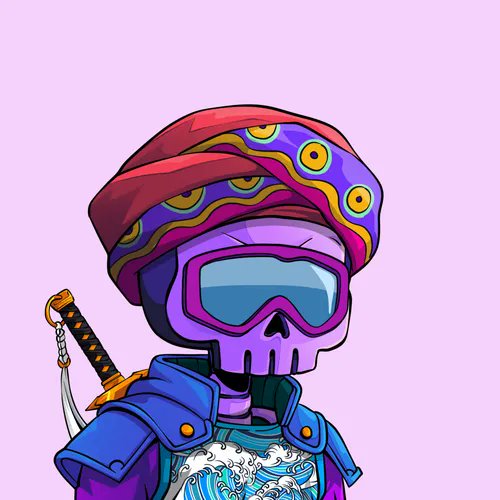 A colorful cartoon illustration of a skeletal figure wearing a patterned turban, ski goggles, and samurai-style armor with a katana on its back, set against a pink background.
