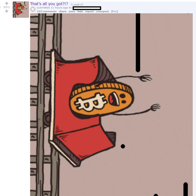 A Reddit post titled "That's all you got?!?" from r/Bitcoin shows an illustration of a Bitcoin symbol character peeking out from a red wallet/book, giving a defiant gesture with its hand, suggesting Bitcoin's resilience despite challenges. The post has 892 upvotes, 123 comments, and was submitted 11 hours ago, humorously implying Bitcoin won't be easily defeated.