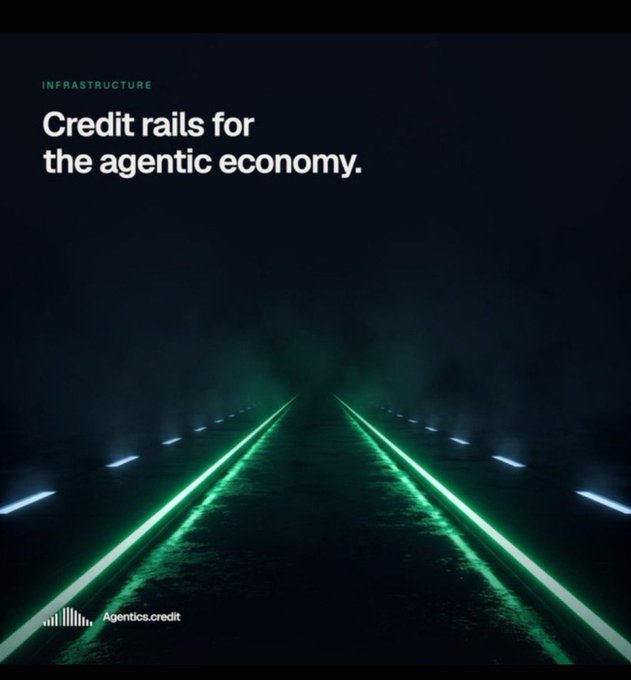 A dark promotional graphic for 'Agentics.credit' featuring the tagline 'Credit rails for the agentic economy' over an image of green-lit runway lights.