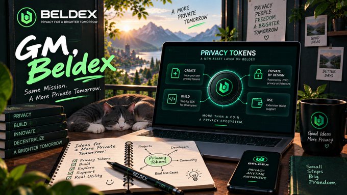 Beldex promotional graphic titled 'GM, Beldex' showing 'Privacy Tokens' features including Create, Build, Private Freedom, and Use, with a cat resting on a desk.