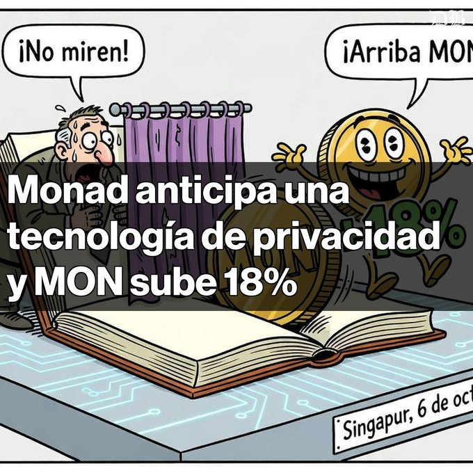 A Spanish-language news graphic with cartoon characters reading "¡No miren!" and "¡Arriba MON" with text overlay stating "Monad anticipa una tecnología de privacidad y MON sube 18%" dated Singapur, 6 de oct.