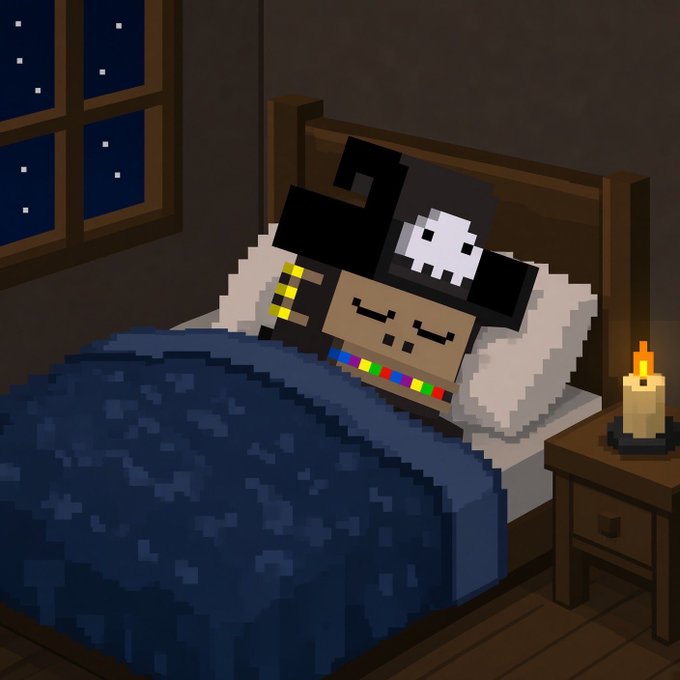 A pixel art illustration of a blocky character with a pirate hat featuring a skull, sleeping in a bed under a blue blanket, with a lit candle on a nightstand and a starry night sky visible through the window.