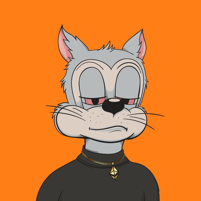 A cartoon illustration of a gray cat character with red eyes, a smirk, wearing a black turtleneck and an Ethereum (ETH) pendant necklace, set against a bright orange background.