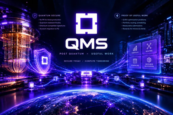 A promotional graphic for QMS (Post Quantum x Useful Work) highlights features including quantum secure elements like No PoW and quantum-resistant finality, alongside proof of useful work applications like portfolio and routing optimization.