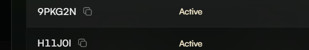 A dark table lists two crypto tickers, “9PKG2N” and “H1IJ0I,” each marked “Active” and accompanied by a copy icon.