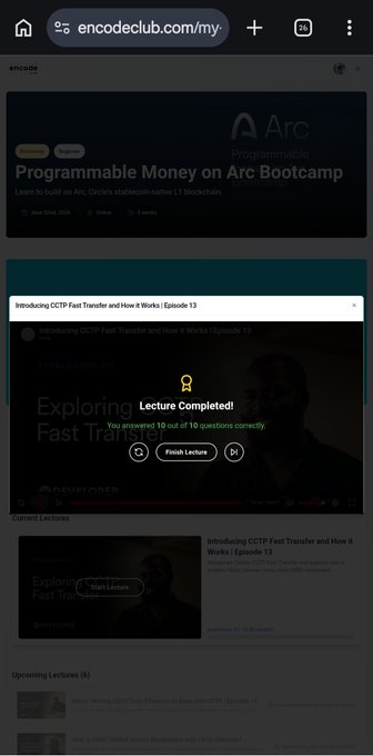 A screenshot of encodeclub.com showing a 'Lecture Completed!' notification for the 'Introducing COTP Fast Transfer and How It Works | Episode 13' course.
