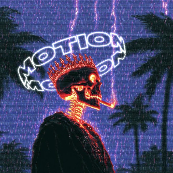 A vaporwave-style digital artwork featuring a fiery red skeletal figure wearing a crown and smoking, with a glowing white "MOFION" neon sign in the background against purple rain and palm trees.