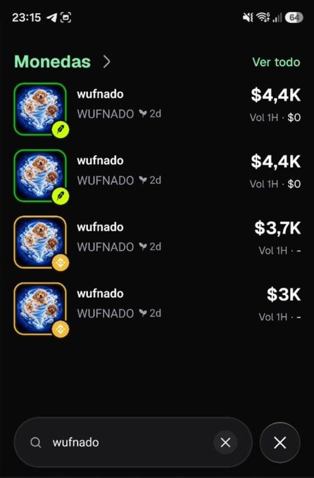 A mobile app screenshot showing search results for 'wufnado' (WUFNADO), listing cryptocurrency tokens valued at $4.4K, $4.4K, $3.7K, and $3K.