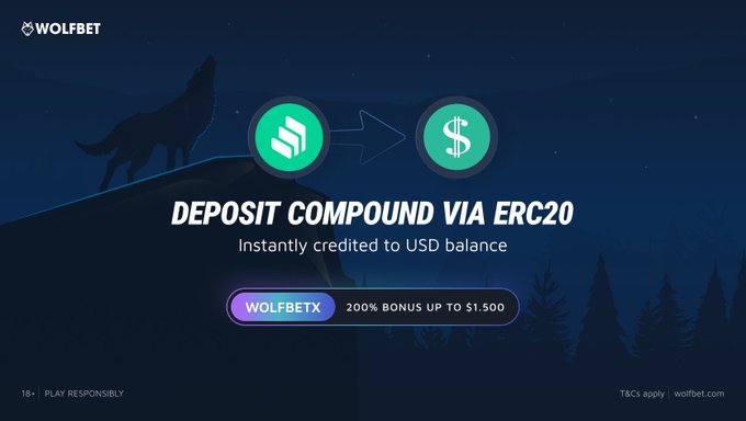 A promotional banner for 'WOLFBET' advertising "DEPOSIT COMPOUND VIA ERC20" instantly credited to USD balance, with a 200% bonus up to $1,500.