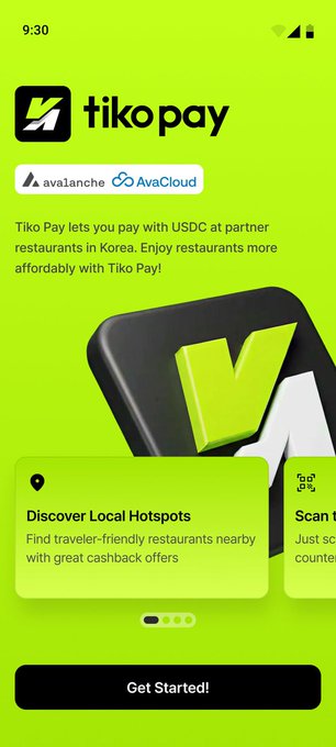 A mobile app screen for 'tiko pay' featuring Avalanche and AvaCloud partnerships, promoting USDC payments at partner restaurants in Korea.