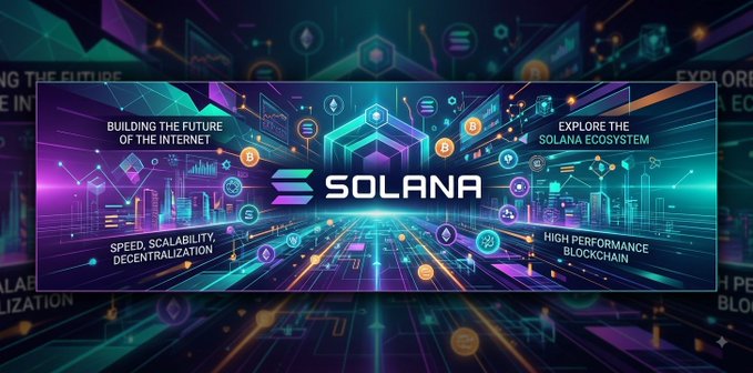 A futuristic digital banner promoting Solana blockchain with the text 'SOLANA' centered, featuring phrases 'BUILDING THE FUTURE OF THE INTERNET,' 'EXPLORE THE SOLANA ECOSYSTEM,' 'SPEED, SCALABILITY, DECENTRALIZATION,' and 'HIGH PERFORMANCE BLOCKCHAIN' against a vibrant neon purple and teal background.
