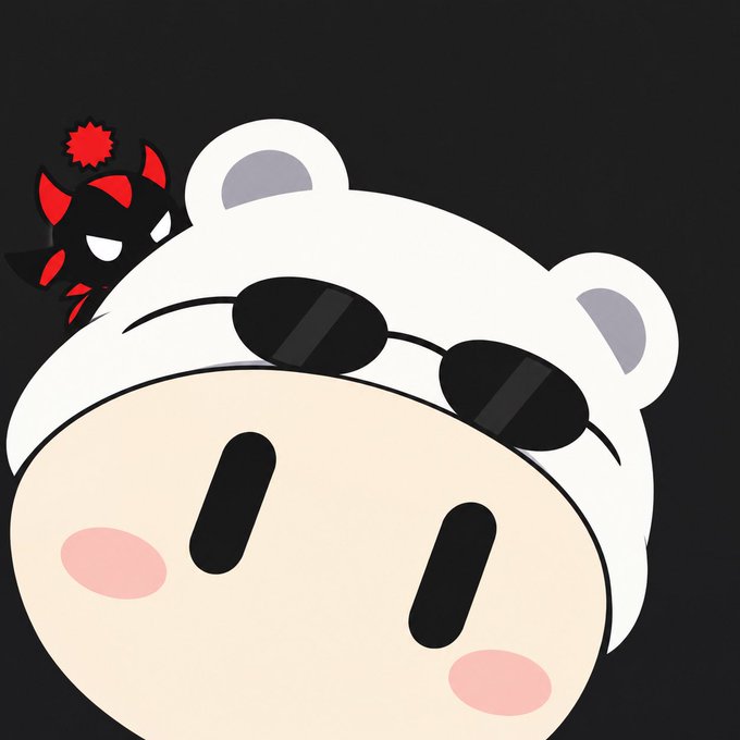 Digital illustration of a cute cartoon character wearing a white bear hood and sunglasses, with a small red and black spiky creature perched on their head against a black background.