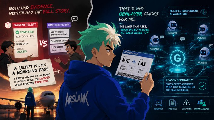 Anime-style promotional graphic for 'GENLAYER' featuring a green-haired character holding an NYC to LAX boarding pass, with text about payment receipts, long chat histories, and multiple independent AI validators.