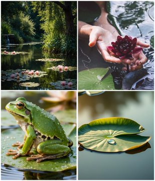 A four-panel nature collage featuring a tranquil pond with willow trees, hands cradling a water lily blossom in water, a green tree frog on a leaf, and a water droplet on a lily pad.