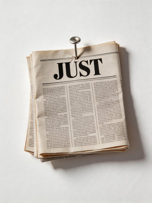 A folded newspaper pinned with a silver thumbtack, featuring the headline "JUST" prominently displayed at the top.