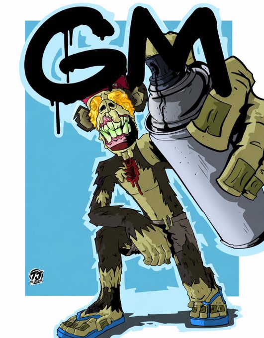 An illustrated graphic showing a zombie-like character with blonde hair holding a large spray paint can, with the graffiti-style text 'GSM' in black dripping letters against a light blue background.