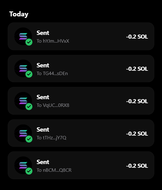 A mobile screenshot showing a "Today" transaction history with five successful "Sent" transfers of -0.2 SOL each to different wallet addresses (hYJm...HVxX, TG44...sDEn, VqUC...0RX8, tMHz...jY7Q, nBCM...Q8CR), demonstrating that the poster has been fulfilling the giveaway's requirement of sending 0.2 SOL to claimers' wallets.
