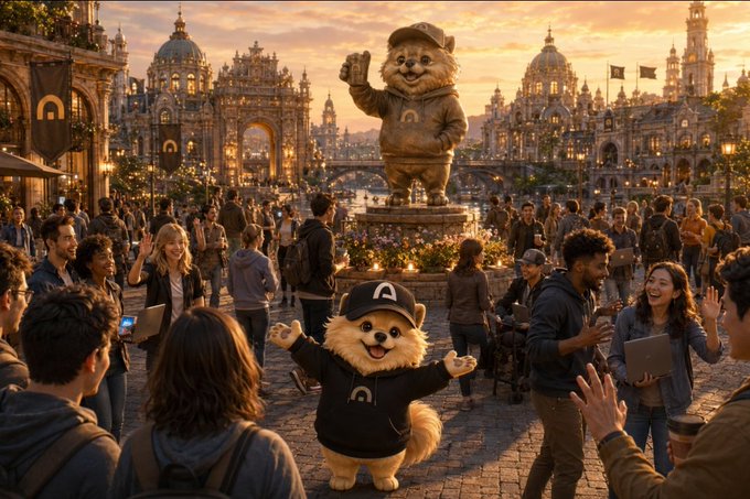 A mascot dog wearing a cap with the "BUILDOG" logo waves excitedly in front of a golden statue of itself, surrounded by a cheering crowd in the grand, baroque-style "Arc City" at sunset. The image visually celebrates the "BUILDOG" token's welcoming message to new community members, capturing the energetic arrival atmosphere described in the post.