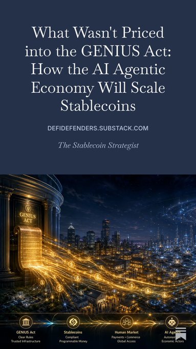 An article titled 'What Wasn't Priced into the GENIUS Act: How the AI Agentic Economy Will Scale Stablecoins' from 'The Stablecoin Strategist' (defidefenders.substack.com) shows a golden cityscape illustration.