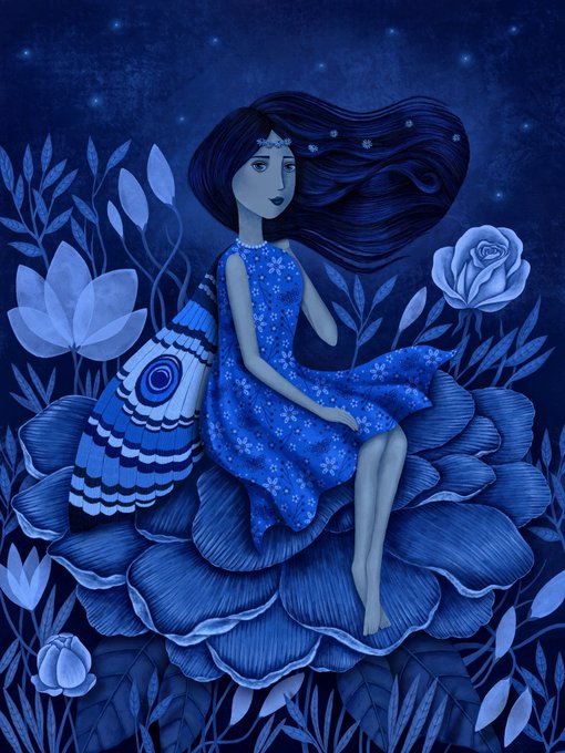 A whimsical blue-toned illustration of a girl in a flowing patterned dress sitting on a large flower petal surrounded by roses, leaves, and a starry night sky.