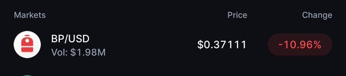 The image shows a trading interface displaying the BP/USD market with a current price of $0.37111 and a notable -10.96% decline in red. This visual contradicts the post's bullish narrative claiming a "generational bottom" near $0.77, as the chart reveals BP actually trading at roughly half that price amid further downside momentum.