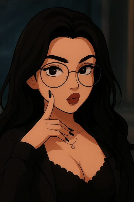 Digital illustration of a young woman with long black hair, round glasses, and a black top, posing with her finger near her lips.