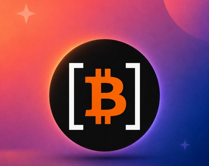 A black circular icon featuring an orange Bitcoin symbol in brackets, set against a vibrant gradient background of orange, pink, and purple with star and circular accents.