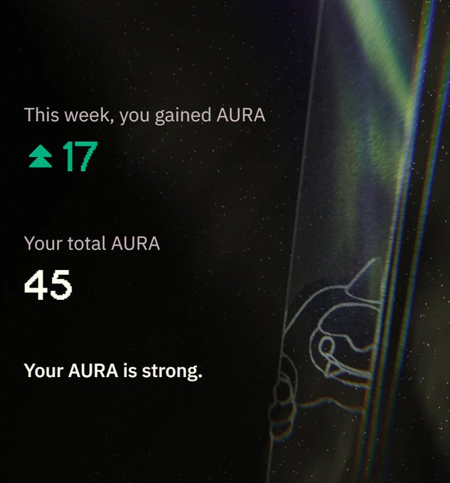A glowing green screen displays an AURA score notification showing a weekly gain of 17 points, bringing the total to 45, with the message "Your AURA is strong." The image visually reinforces the post's excitement about climbing the points leaderboard on @bulktrade, suggesting the user is making progress toward their goal of reaching the top 1,000.